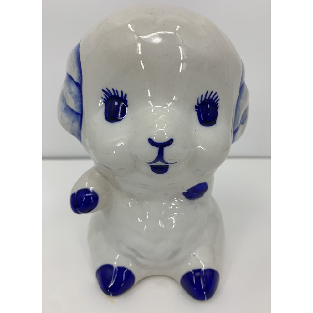 Vintage Lamb Sheep Ceramic Piggy Bank Nursery Decor 6" Tall Blue White
